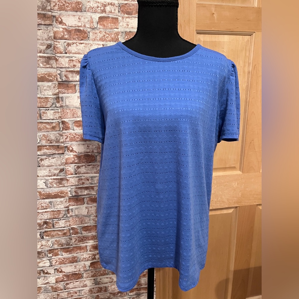Rafaella Cottagecore Periwinkle Eyelet Puff Short Sleeve Casual Boho Blouse L